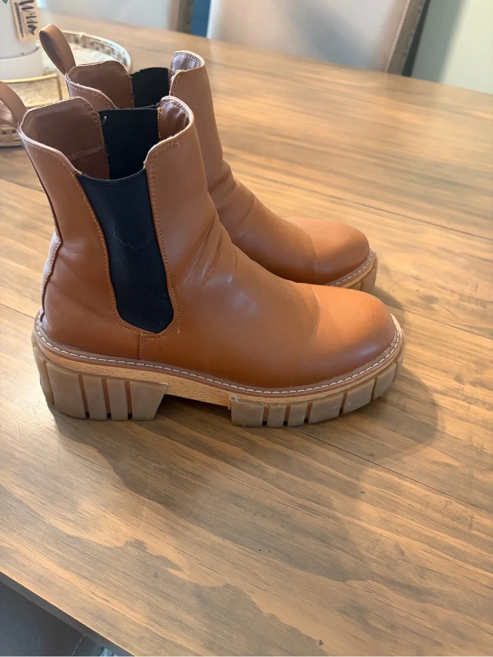 Steve Madden Tan Leather Chelsea Lug Booties with Black Elastic